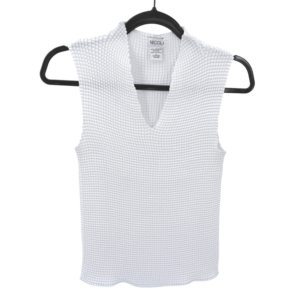 Nicola Womens Large White Textured Popcorn Pleated V-Neck Sleeveless Tank Top